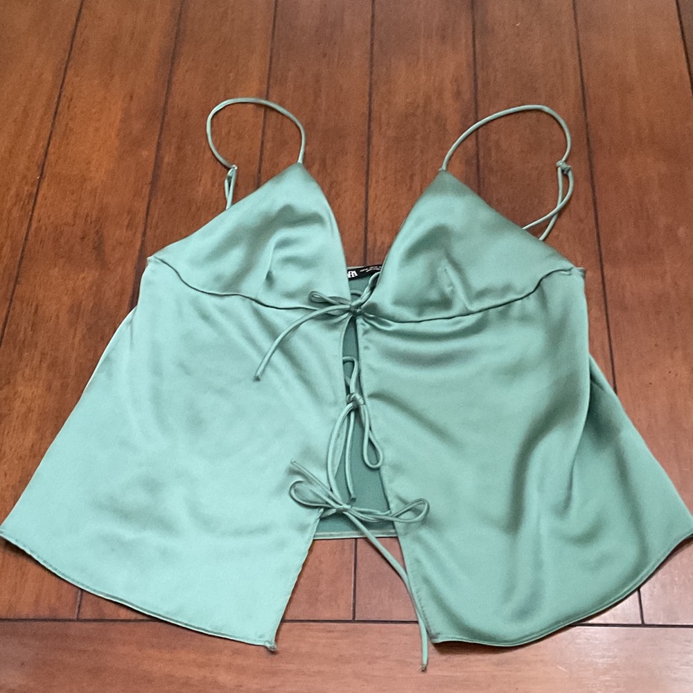 Zara Green Satin Bow Blouse
